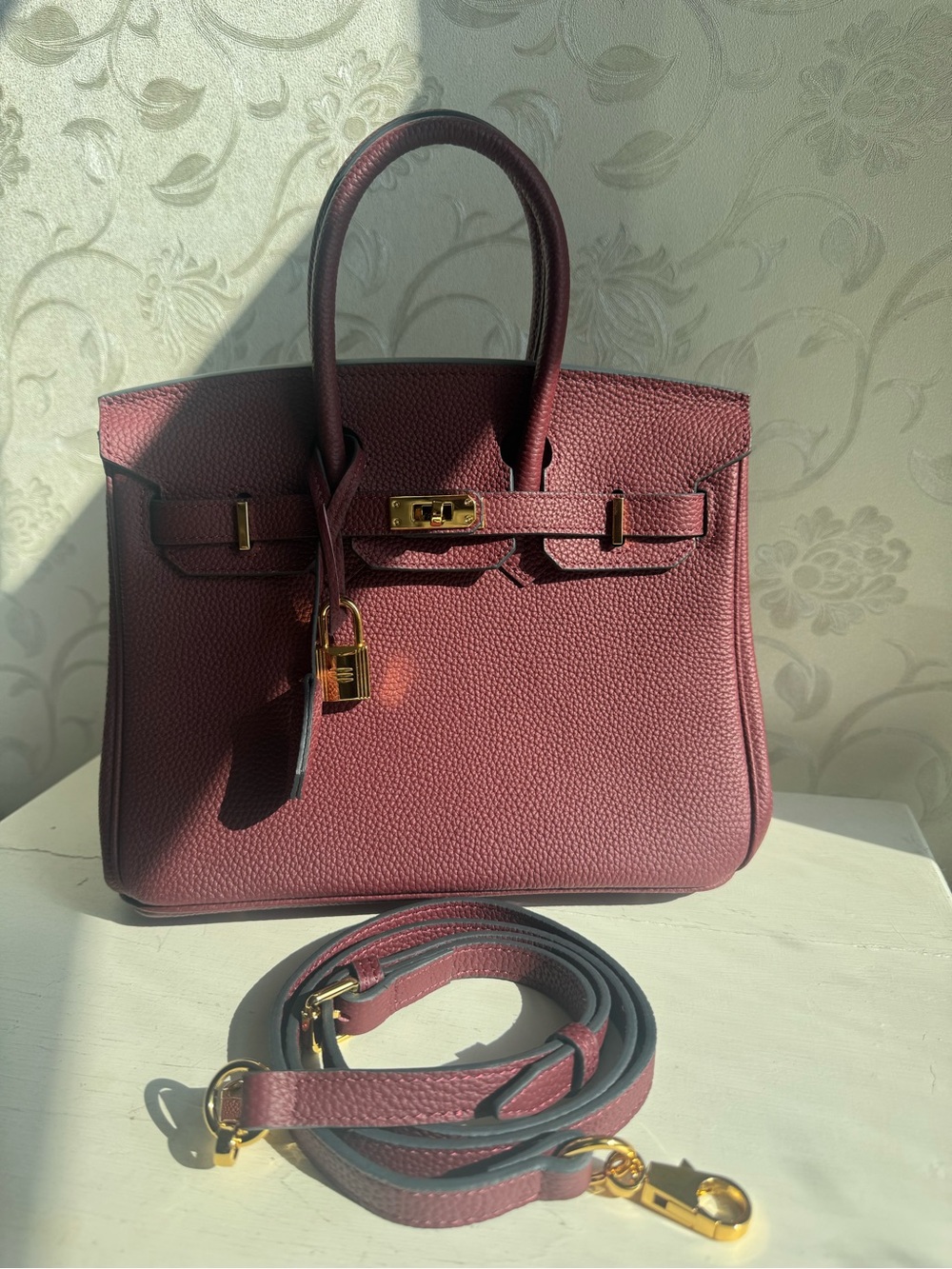 Lux Pebbled Leather Satchel in Deep Berry